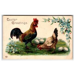 Vintage Easter Greetings Postcard Embossed Rooster Hen Eggs German Chromo